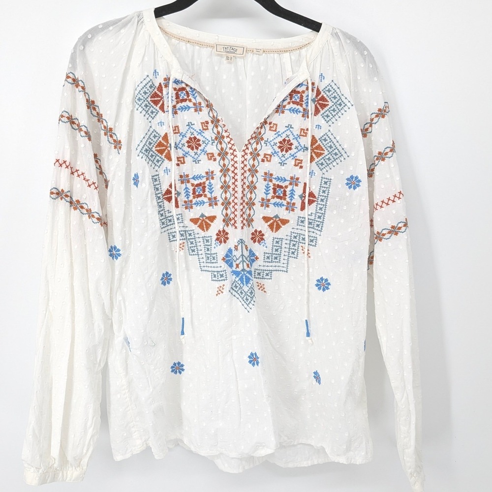 Fat Face Embroidered Blouse Women 10 White Boho Peasant Swiss Dot Top Tassel